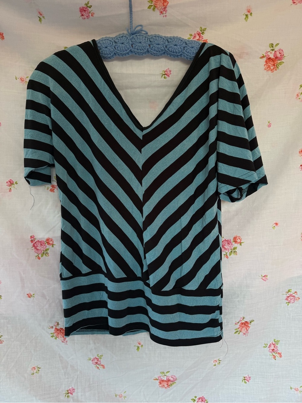 Striped over the shoulder V-Neck Women’s Top — Black and Teal